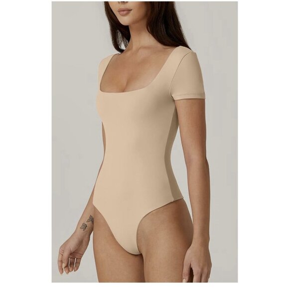 NWT QINSEN Women's Square Neck Short Sleeve Double-Layer Bodysuit Fashion - Picture 4 of 6